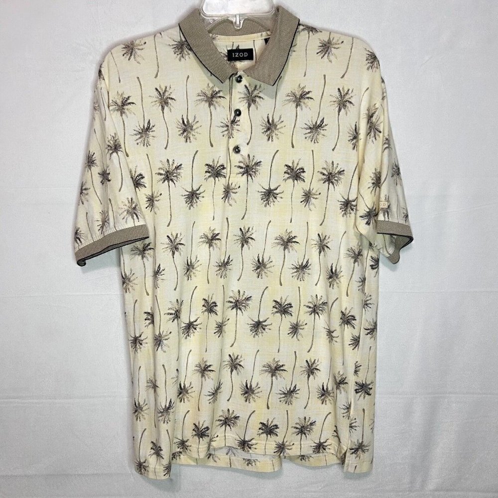 Izod Men's Hawaiian Polo Shirt Size M Short Sleeve Yellow Palm Trees